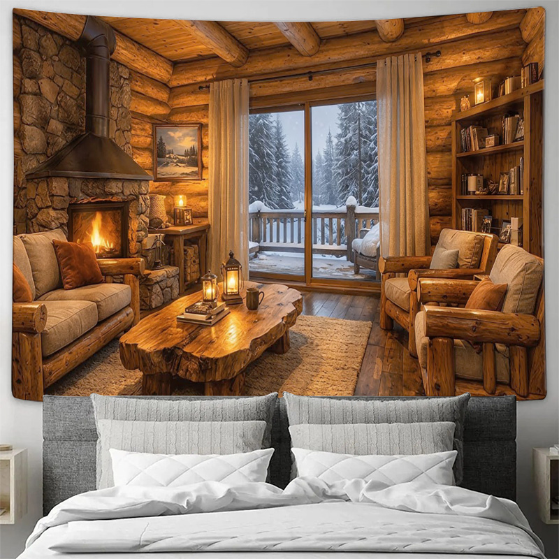 Interior Design Home - 아늑한 목조 오두막 벽난로 인테리어 벽