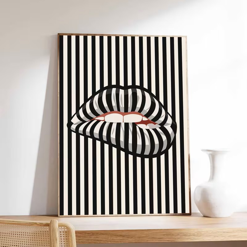 Interior Design Poster - 간단하고 추상적인 줄무늬 입술 모양의 캔버스