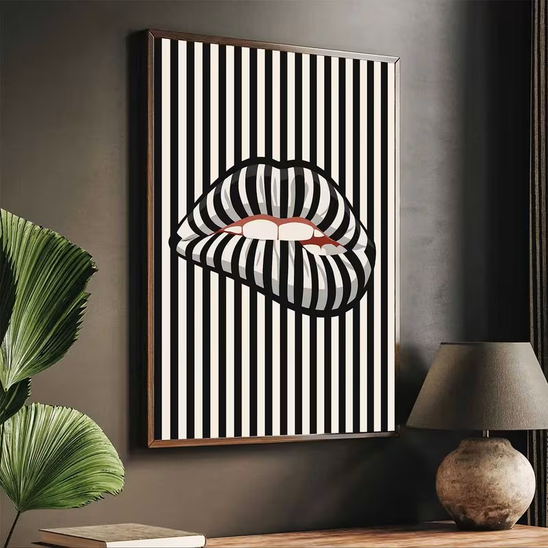 간단하고 추상적인 줄무늬 입술 모양의 캔버스 포스터 아 - Interior Design Poster 리뷰 및 가격